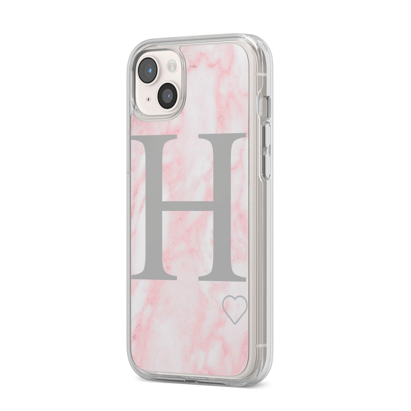 Personalised Pink Marble Initial 1 Custom iPhone 14 Plus Clear Tough Case Starlight Angled Image