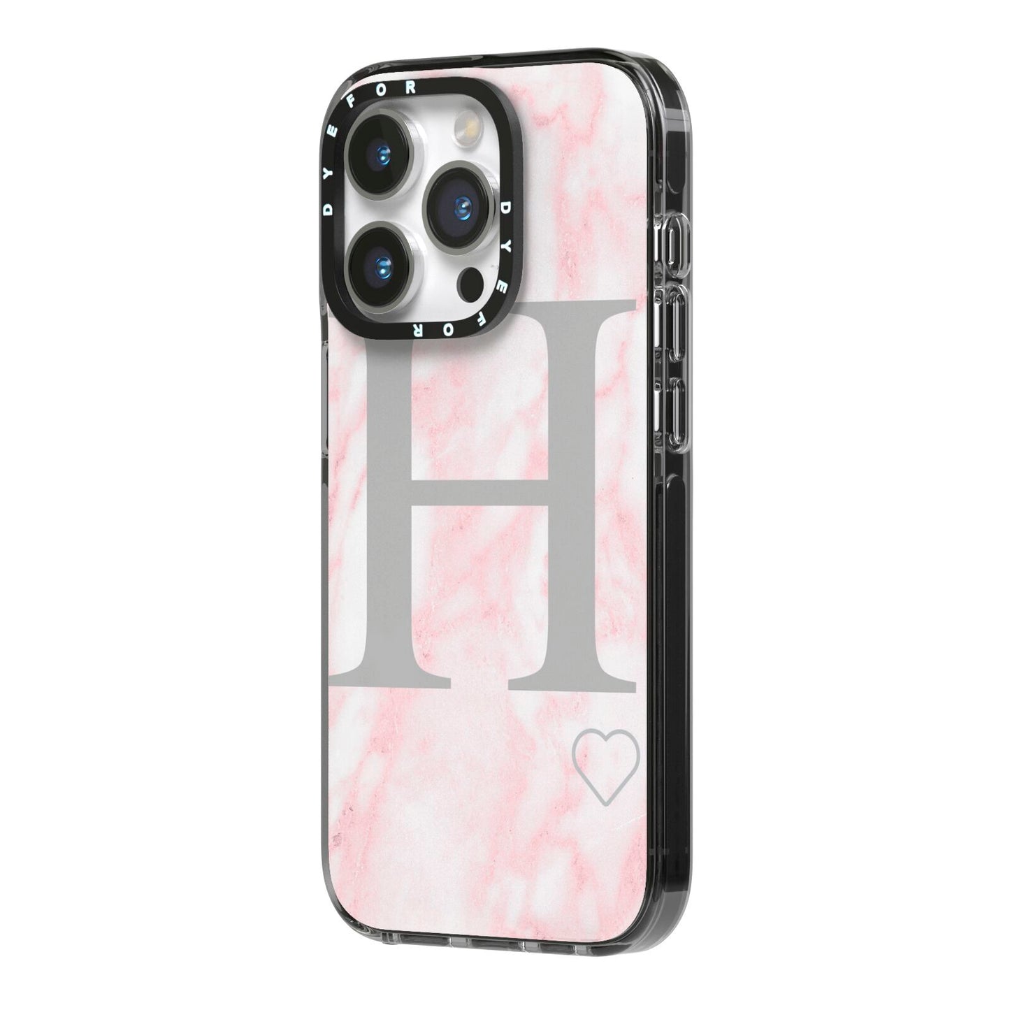 Personalised Pink Marble Initial 1 Custom iPhone 14 Pro Black Impact Case Side Angle on Silver phone