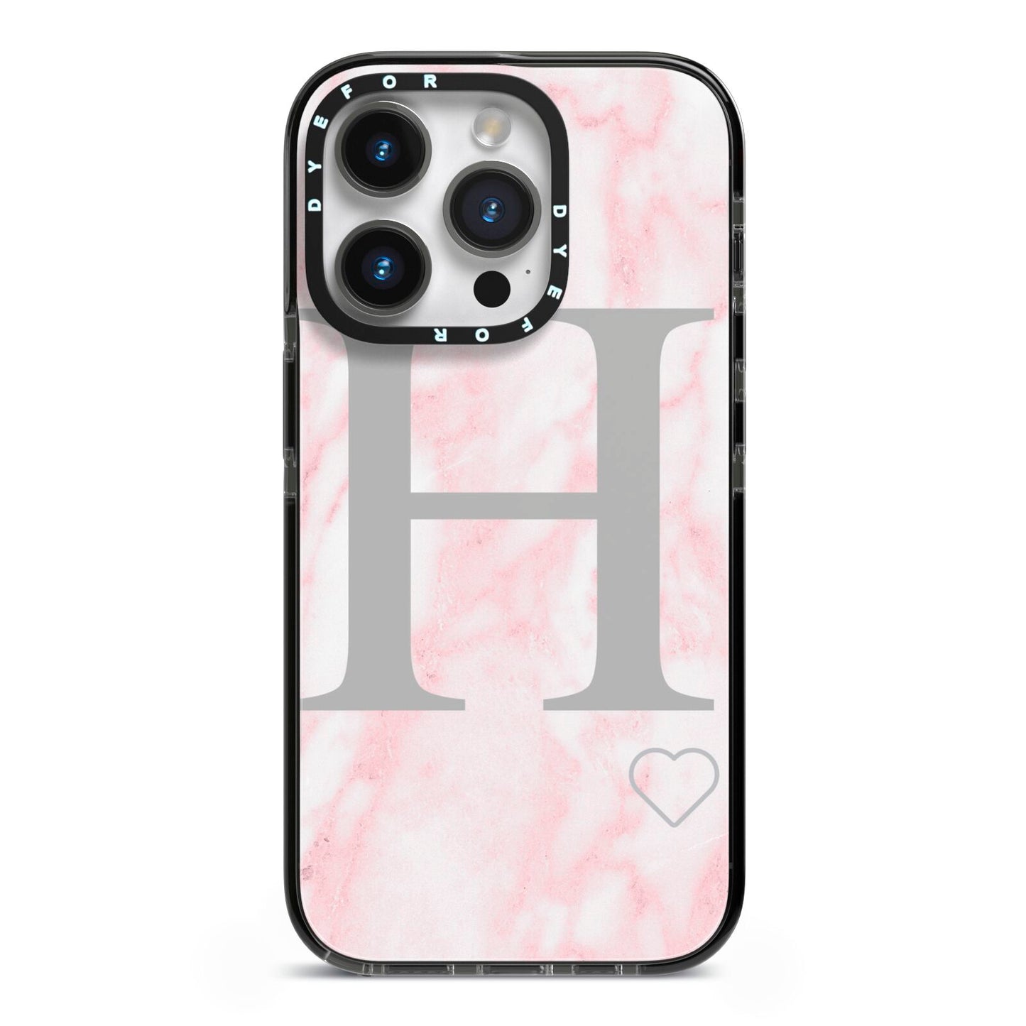 Personalised Pink Marble Initial 1 Custom iPhone 14 Pro Black Impact Case on Silver phone