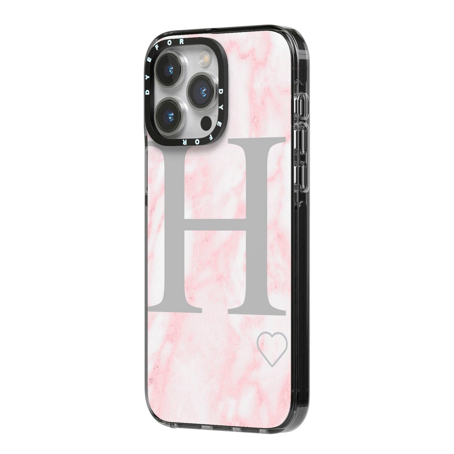 Personalised Pink Marble Initial 1 Custom iPhone 14 Pro Max Black Impact Case Side Angle on Silver phone