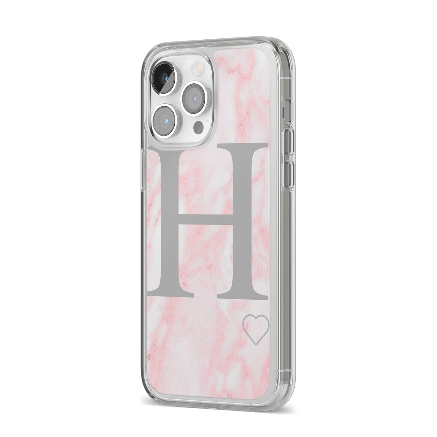 Personalised Pink Marble Initial 1 Custom iPhone 14 Pro Max Clear Tough Case Silver Angled Image