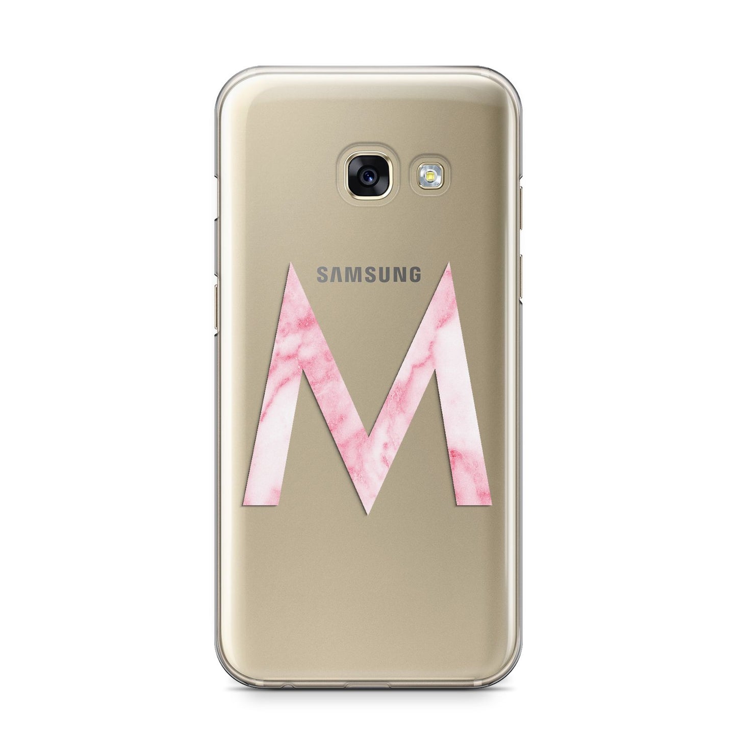 Personalised Pink Marble Initial Clear Custom Samsung Galaxy A3 2017 Case on gold phone