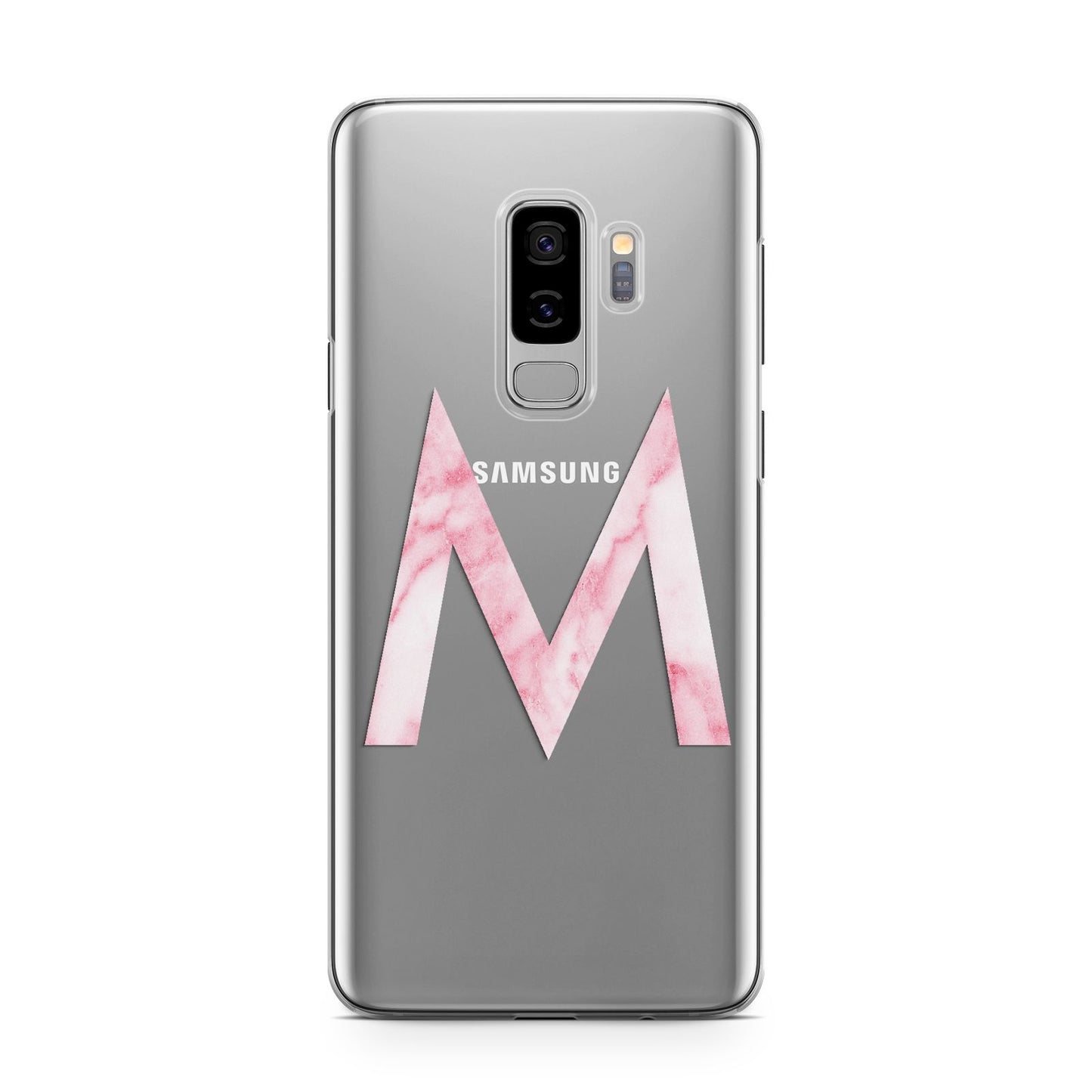 Personalised Pink Marble Initial Clear Custom Samsung Galaxy S9 Plus Case on Silver phone