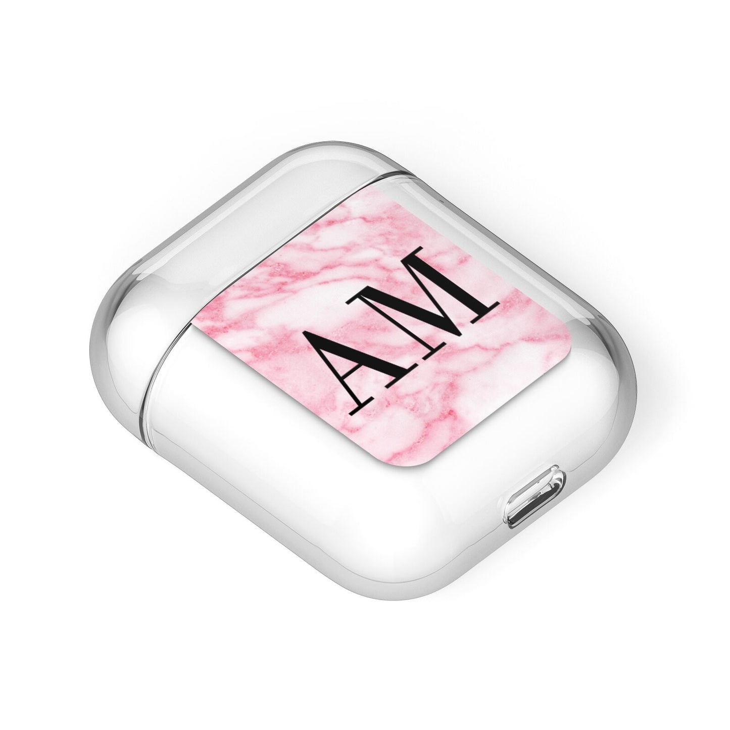 Personalised Pink Marble Monogrammed AirPods Case Laid Flat