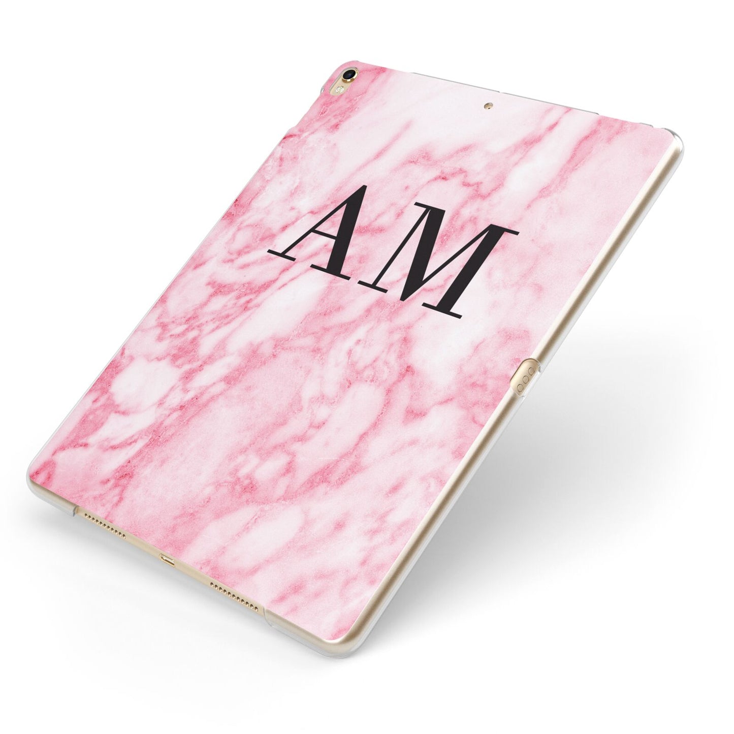 Personalised Pink Marble Monogrammed Apple iPad Case on Gold iPad Side View