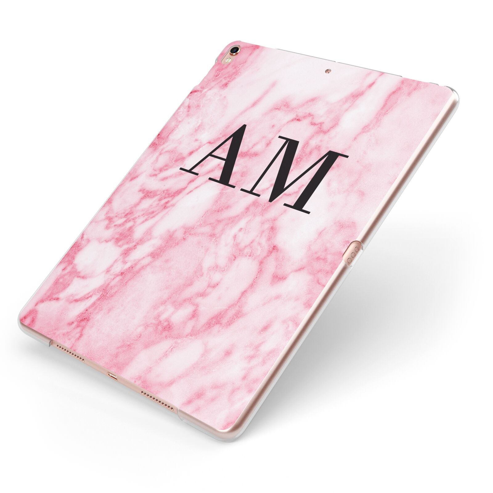Personalised Pink Marble Monogrammed Apple iPad Case on Rose Gold iPad Side View