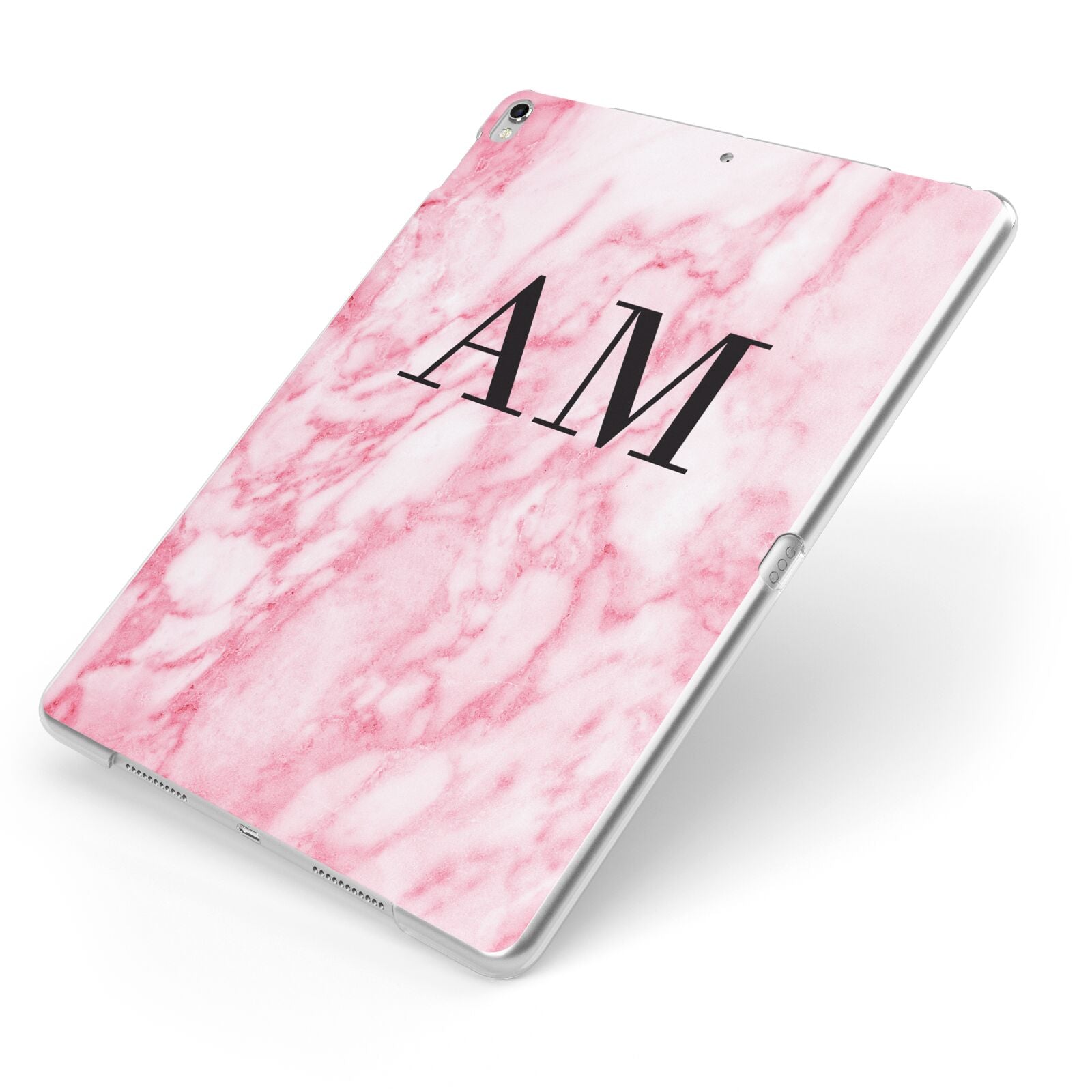 Personalised Pink Marble Monogrammed Apple iPad Case on Silver iPad Side View