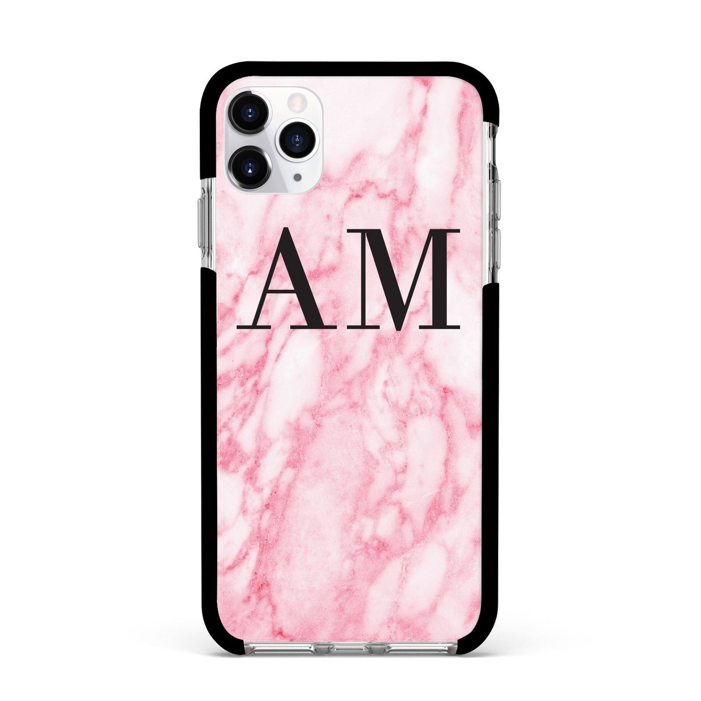 Personalised Pink Marble Monogrammed Apple iPhone 11 Pro Max in Silver with Black Impact Case
