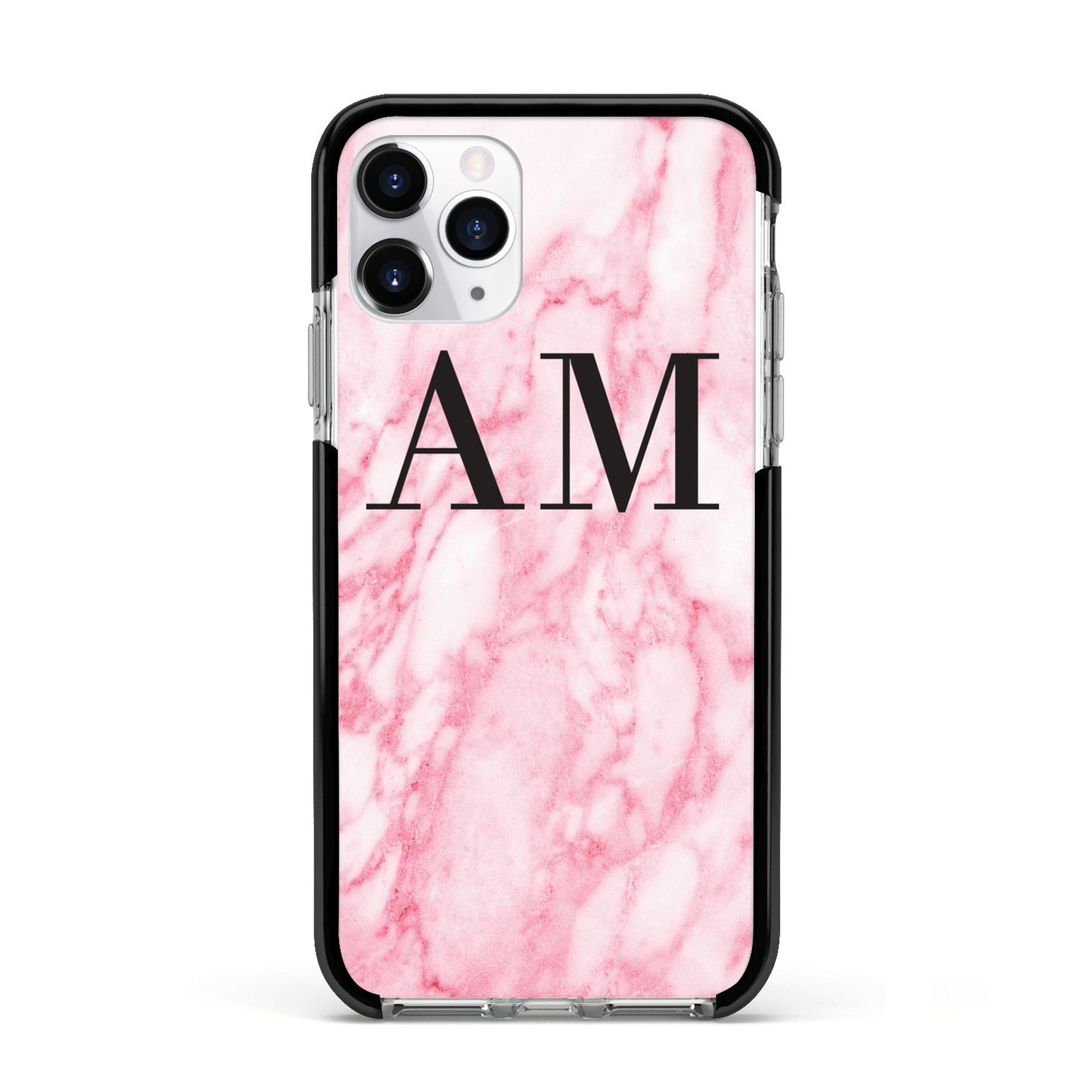Personalised Pink Marble Monogrammed Apple iPhone 11 Pro in Silver with Black Impact Case