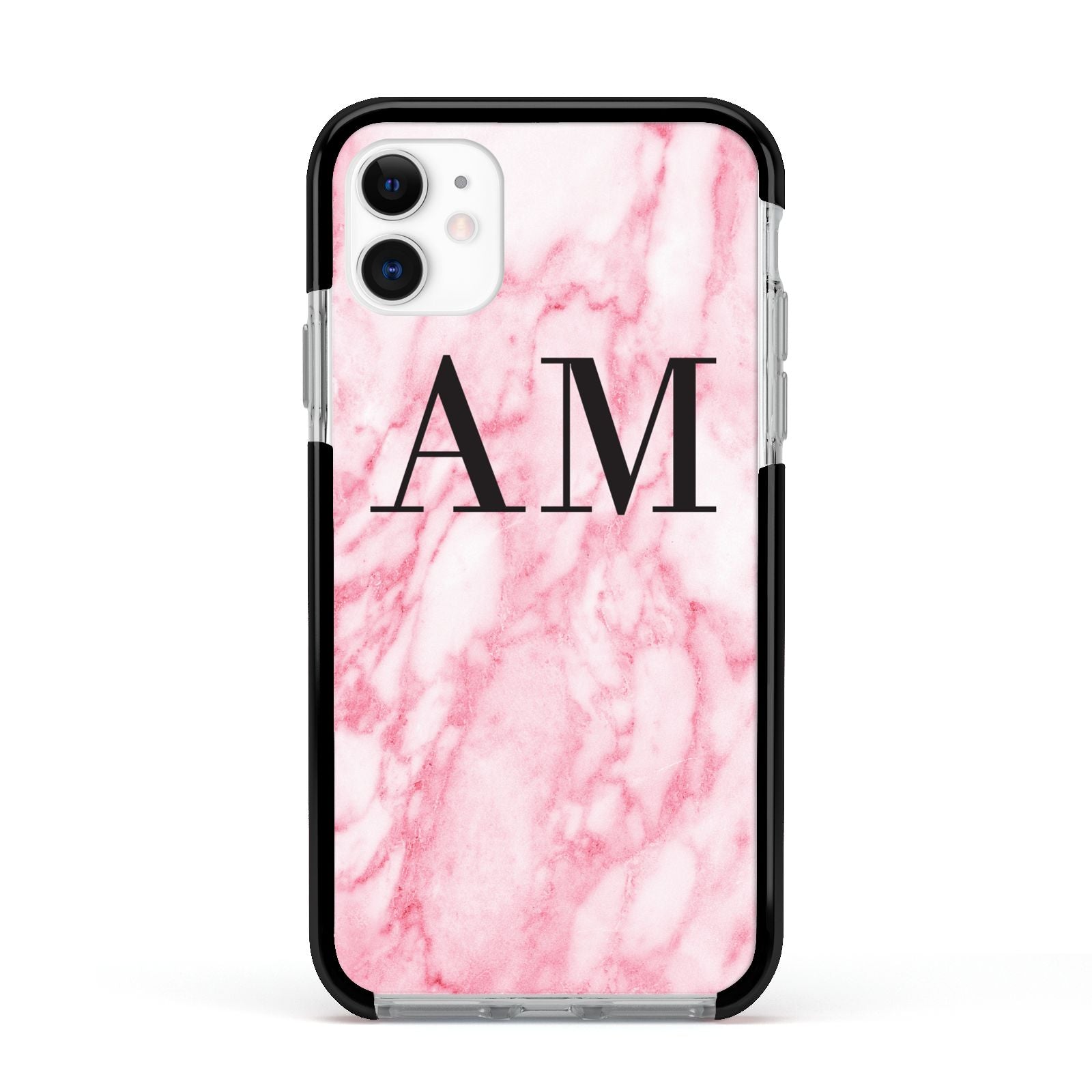 Personalised Pink Marble Monogrammed Apple iPhone 11 in White with Black Impact Case
