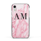 Personalised Pink Marble Monogrammed Apple iPhone XR Impact Case Black Edge on Silver Phone