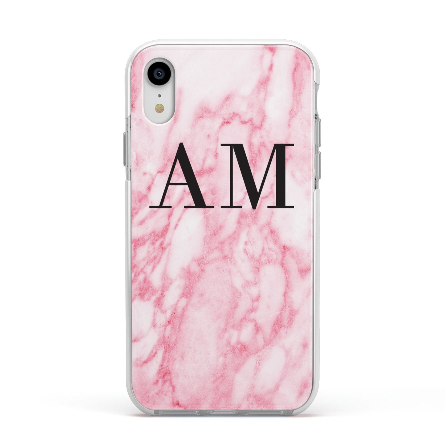 Personalised Pink Marble Monogrammed Apple iPhone XR Impact Case White Edge on Silver Phone