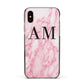 Personalised Pink Marble Monogrammed Apple iPhone Xs Impact Case Black Edge on Gold Phone