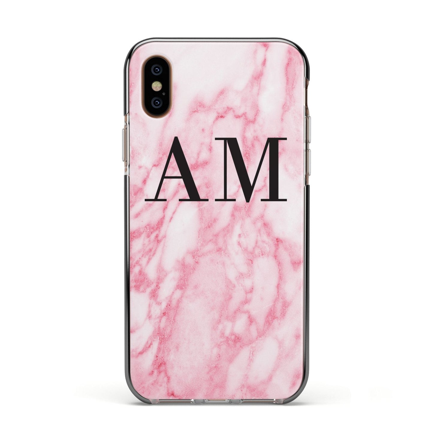 Personalised Pink Marble Monogrammed Apple iPhone Xs Impact Case Black Edge on Gold Phone