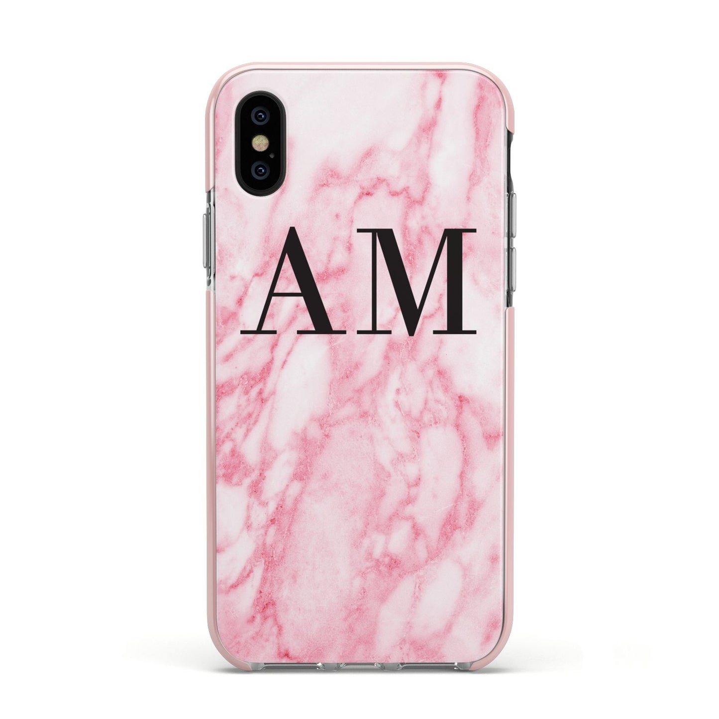Personalised Pink Marble Monogrammed Apple iPhone Xs Impact Case Pink Edge on Black Phone