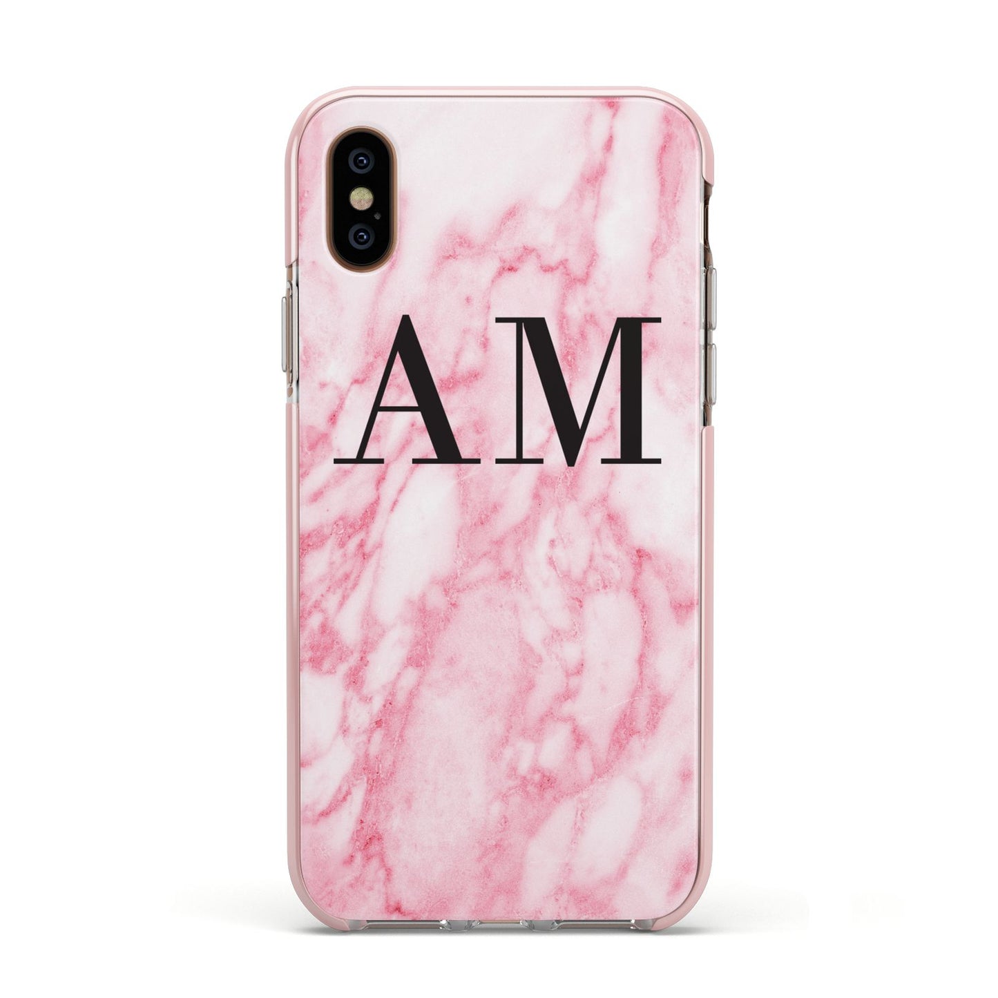 Personalised Pink Marble Monogrammed Apple iPhone Xs Impact Case Pink Edge on Gold Phone