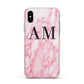 Personalised Pink Marble Monogrammed Apple iPhone Xs Impact Case Pink Edge on Silver Phone
