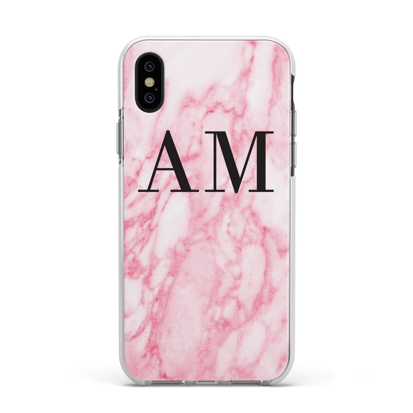 Personalised Pink Marble Monogrammed Apple iPhone Xs Impact Case White Edge on Black Phone