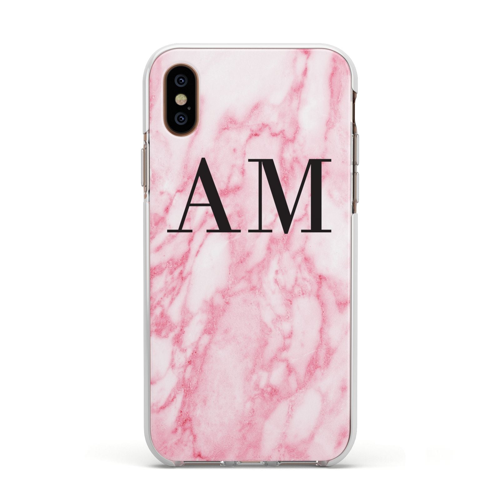 Personalised Pink Marble Monogrammed Apple iPhone Xs Impact Case White Edge on Gold Phone