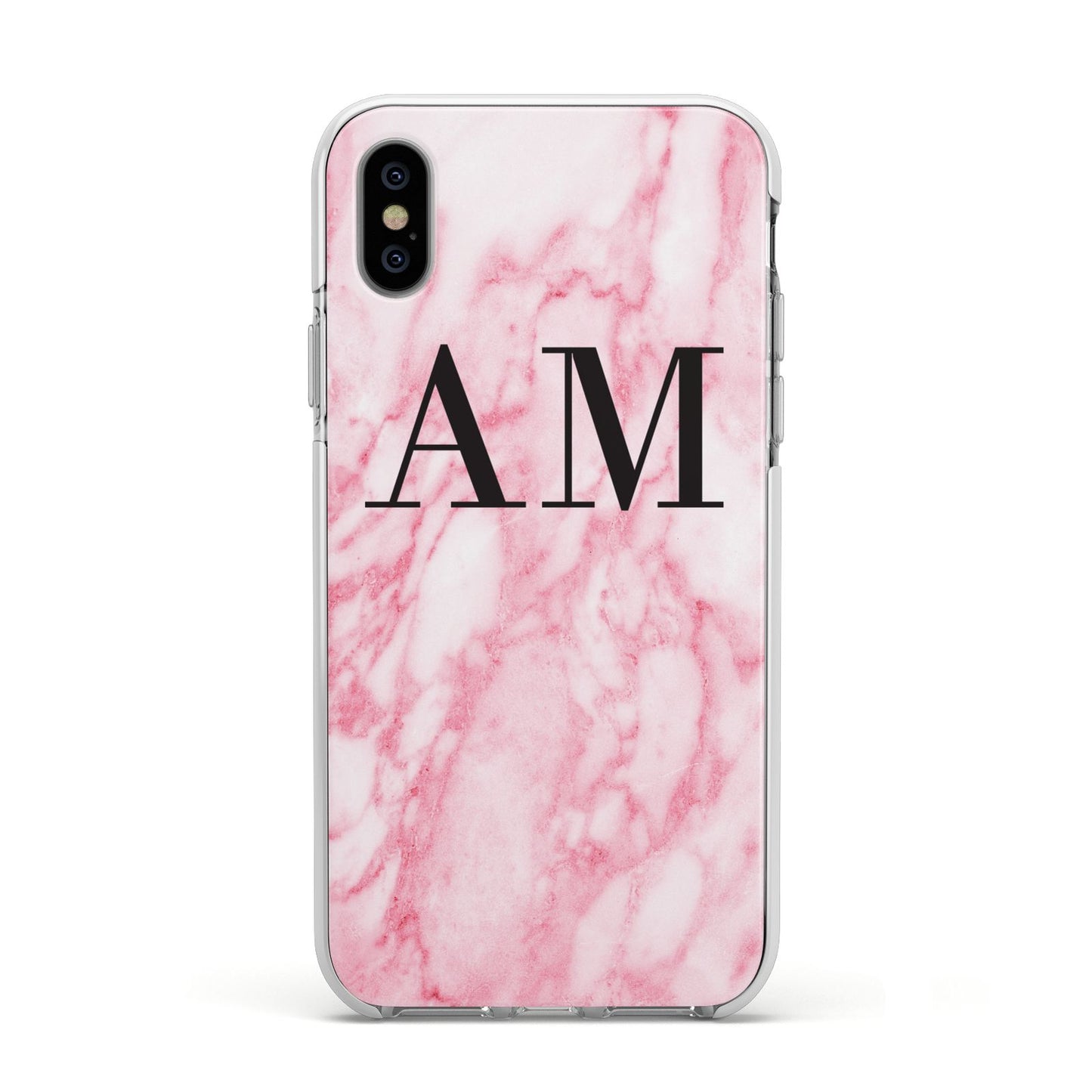 Personalised Pink Marble Monogrammed Apple iPhone Xs Impact Case White Edge on Silver Phone