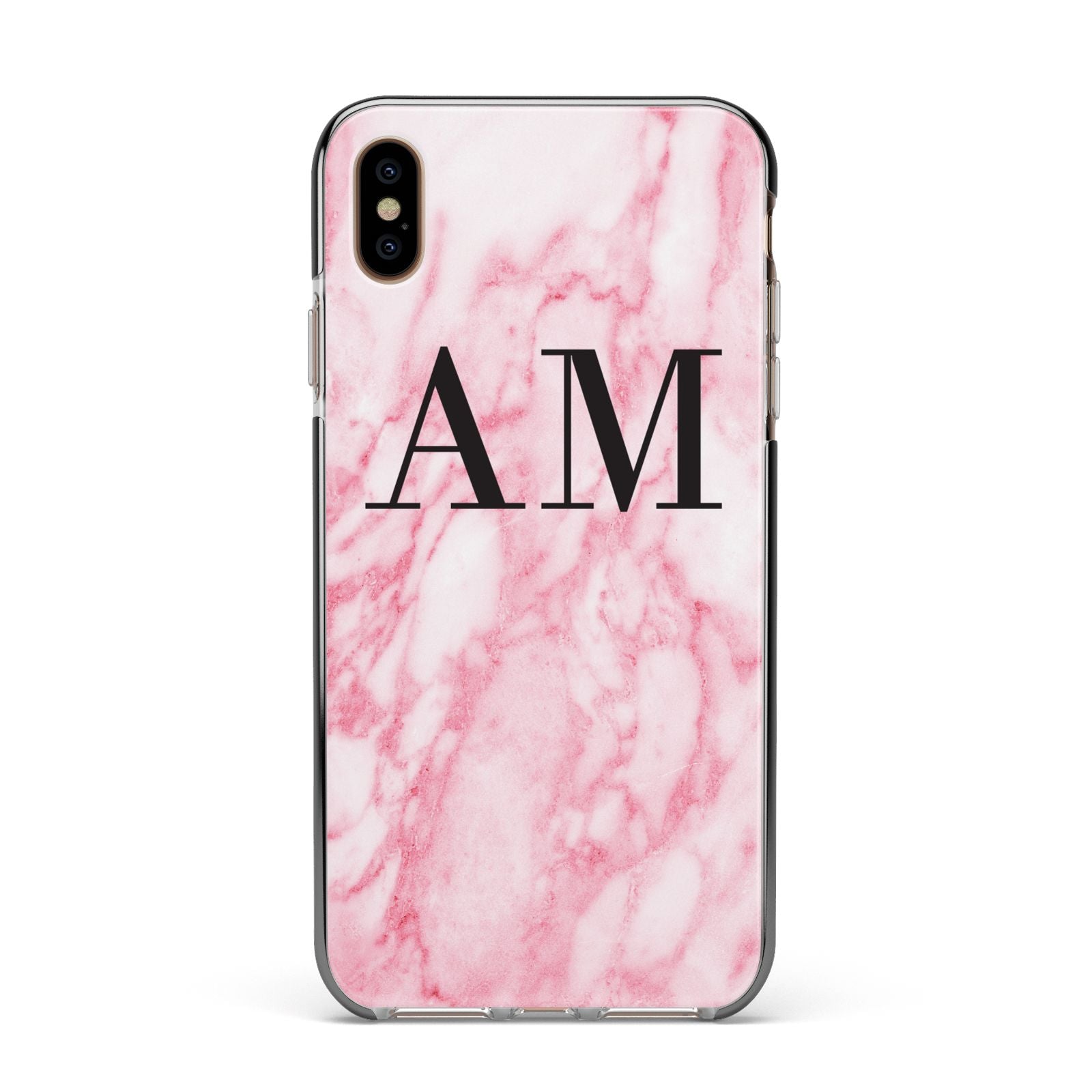 Personalised Pink Marble Monogrammed Apple iPhone Xs Max Impact Case Black Edge on Gold Phone