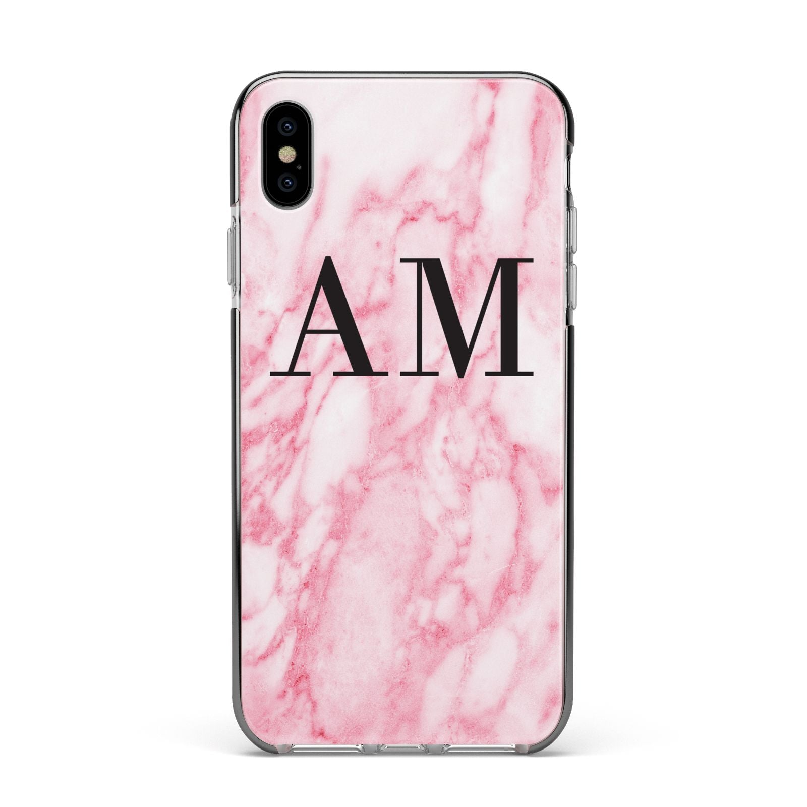 Personalised Pink Marble Monogrammed Apple iPhone Xs Max Impact Case Black Edge on Silver Phone
