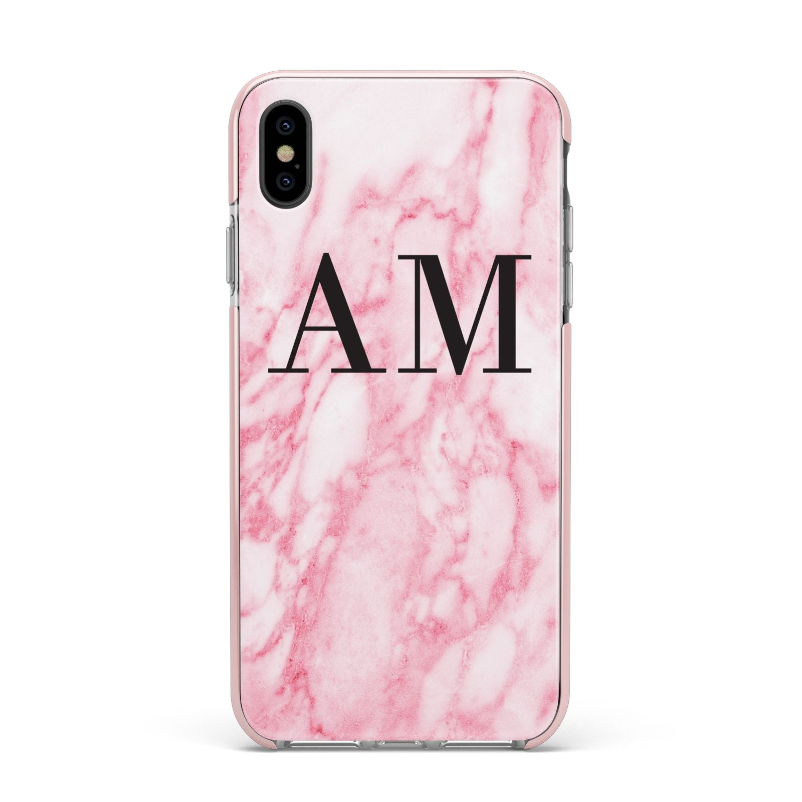 Personalised Pink Marble Monogrammed Apple iPhone Xs Max Impact Case Pink Edge on Black Phone