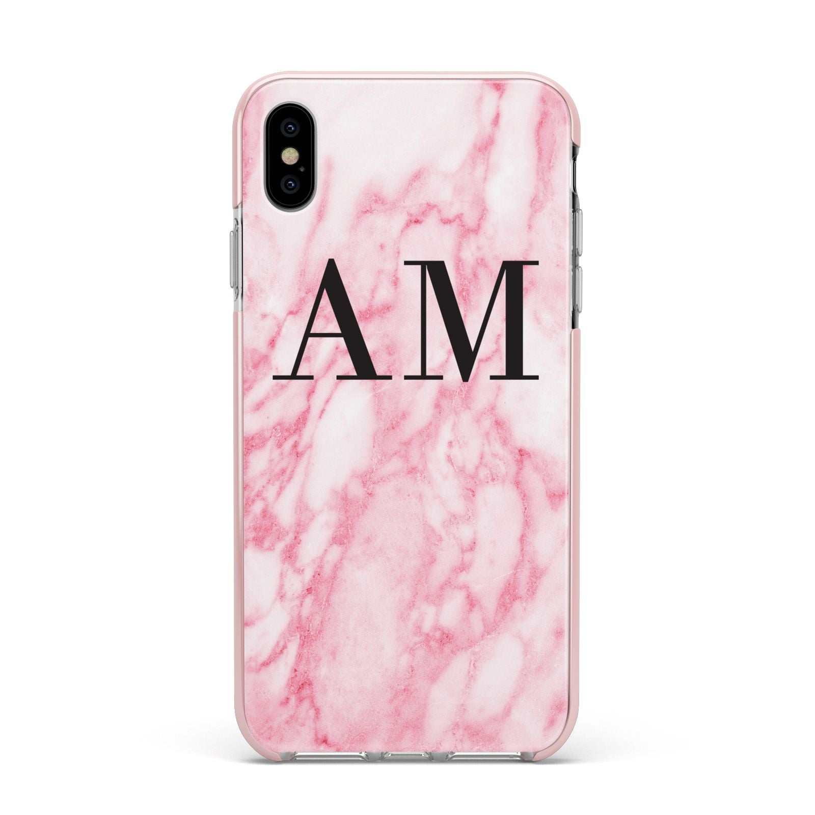 Personalised Pink Marble Monogrammed Apple iPhone Xs Max Impact Case Pink Edge on Silver Phone