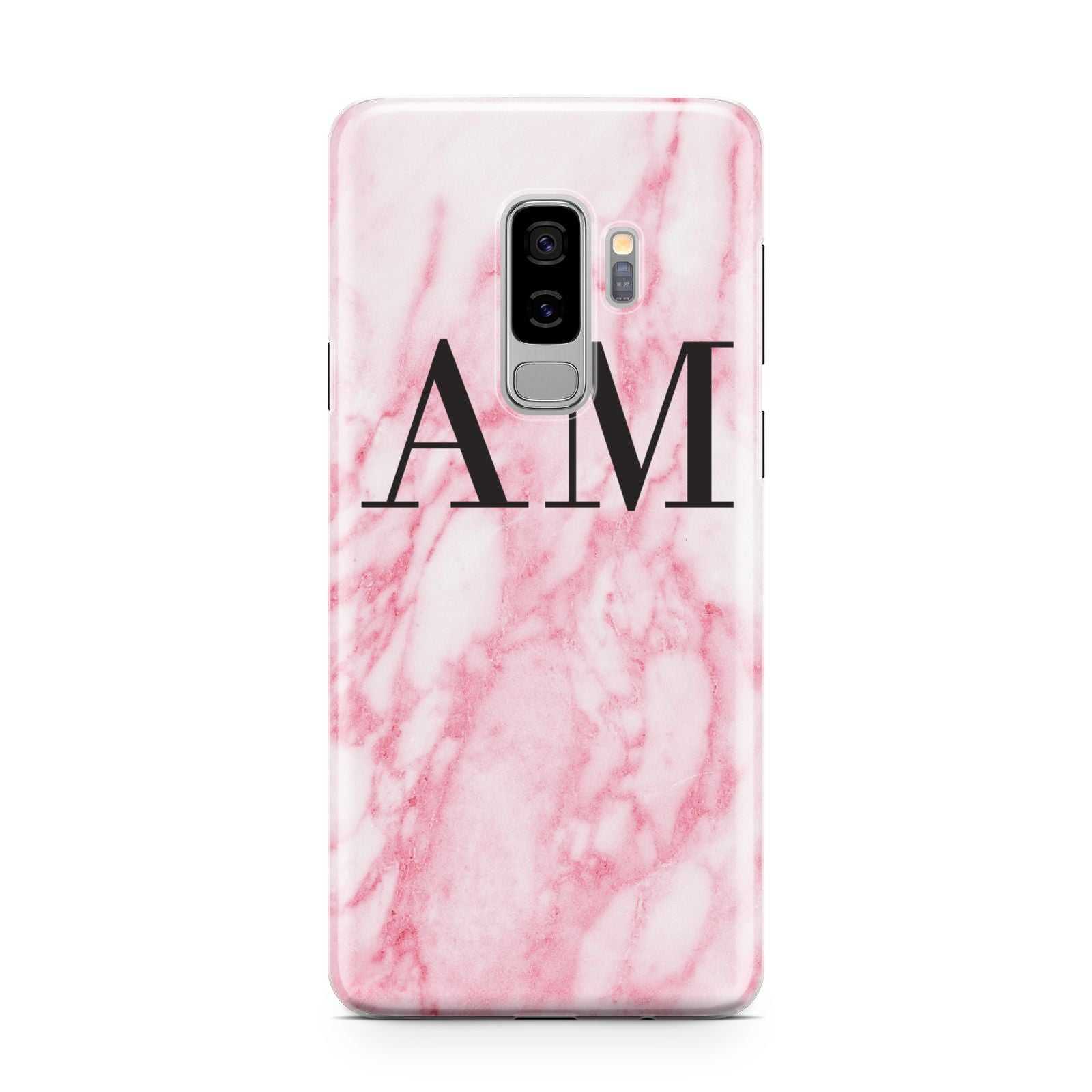 Personalised Pink Marble Monogrammed Samsung Galaxy S9 Plus Case on Silver phone