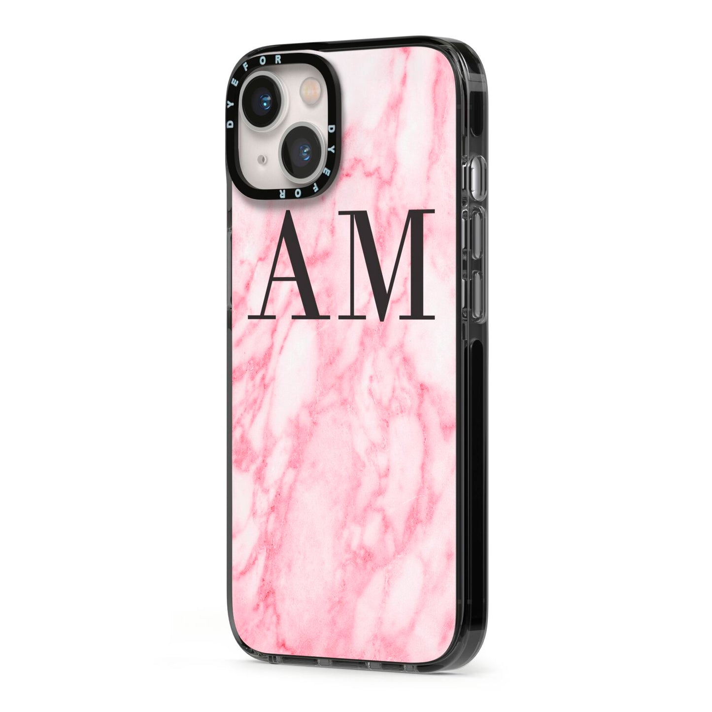 Personalised Pink Marble Monogrammed iPhone 13 Black Impact Case Side Angle on Silver phone