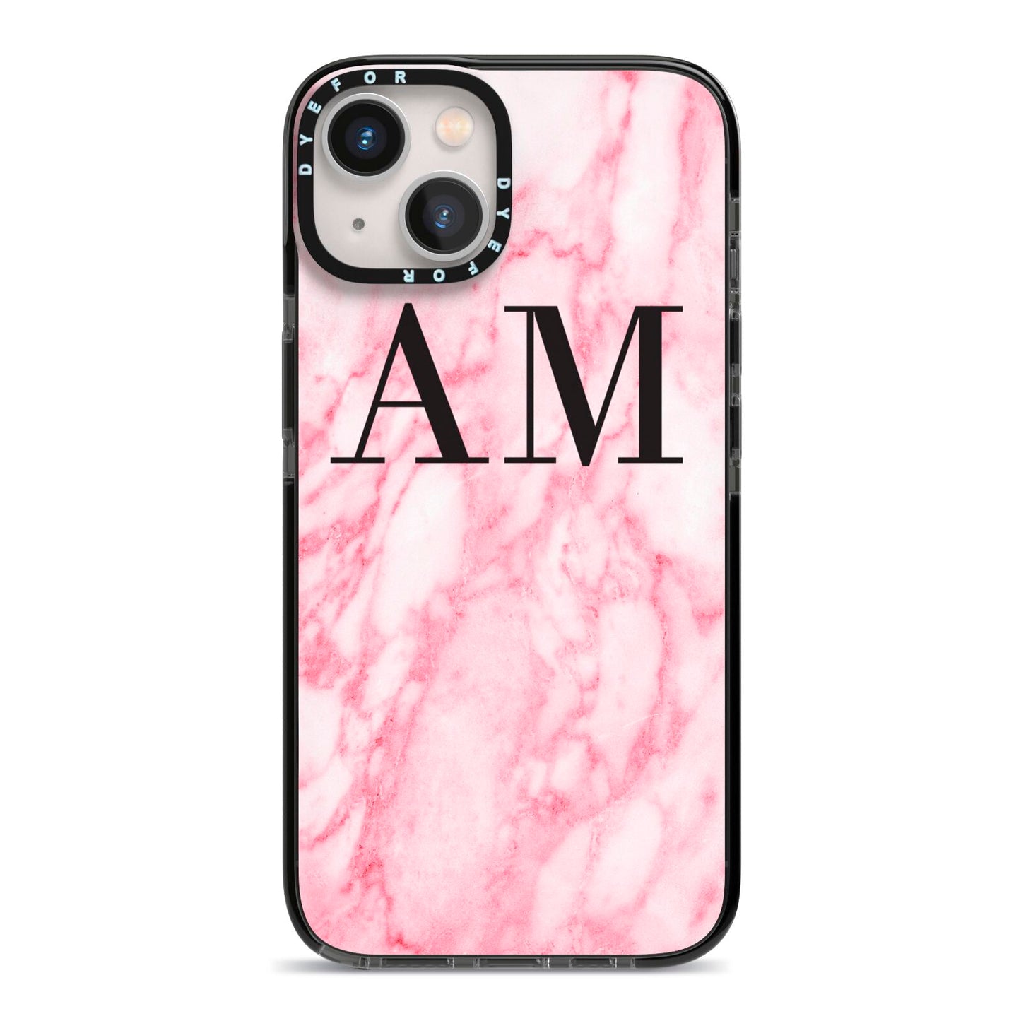 Personalised Pink Marble Monogrammed iPhone 13 Black Impact Case on Silver phone