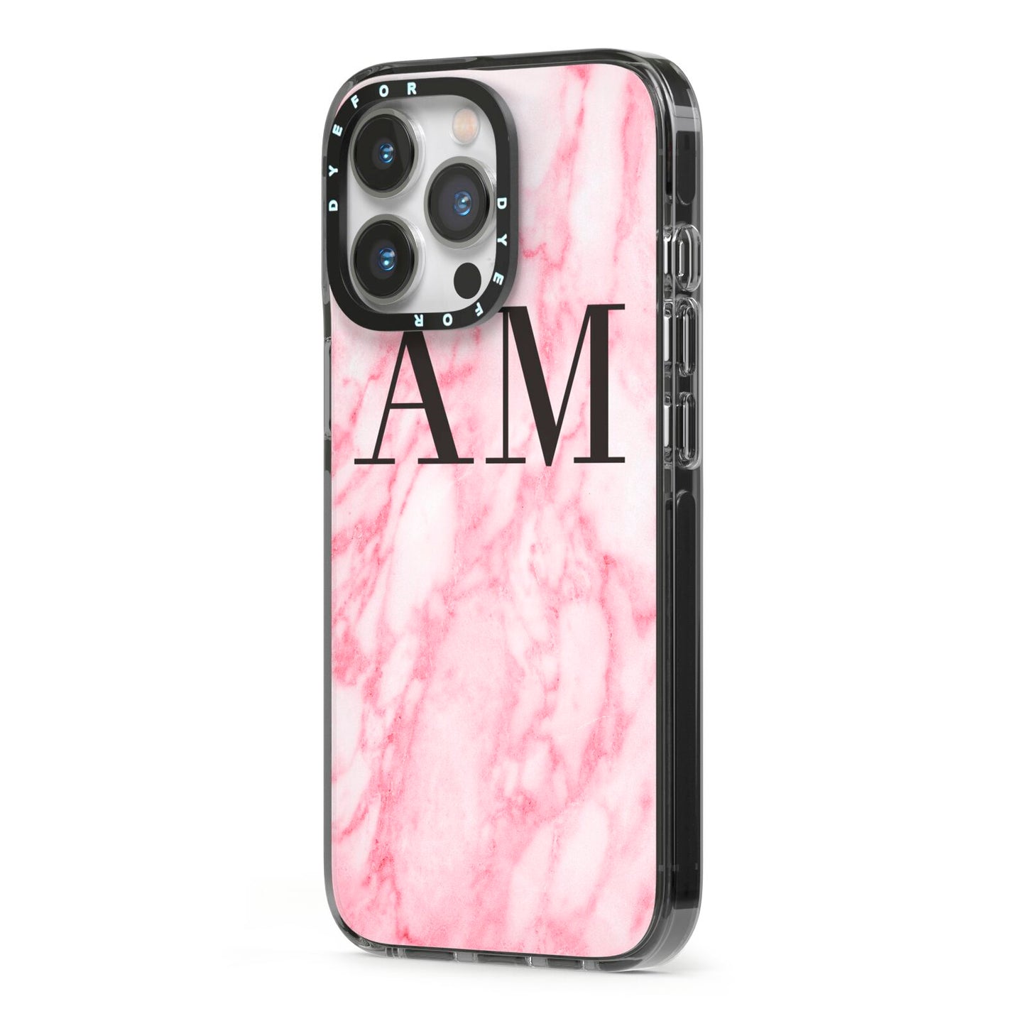 Personalised Pink Marble Monogrammed iPhone 13 Pro Black Impact Case Side Angle on Silver phone