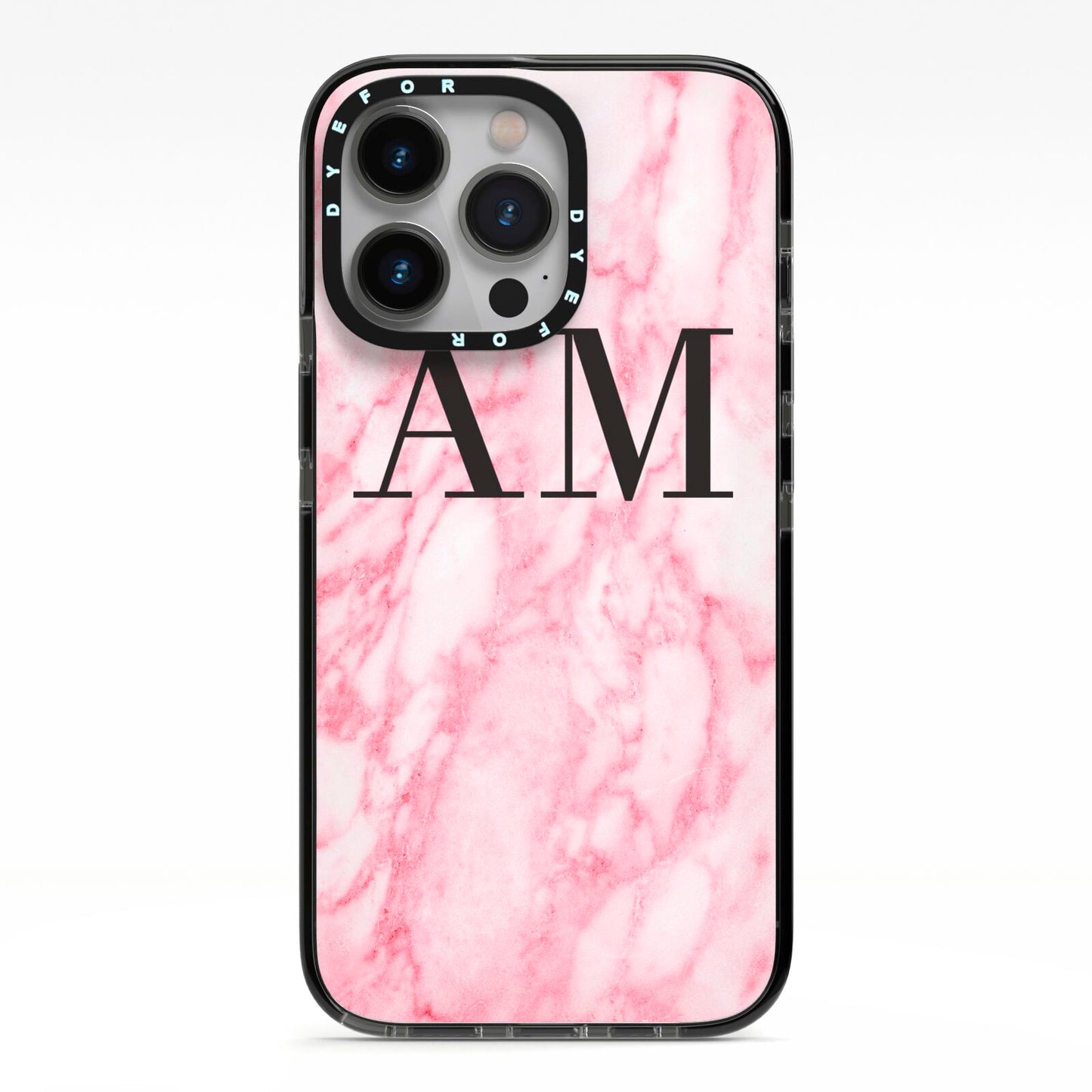 Personalised Pink Marble Monogrammed iPhone 13 Pro Black Impact Case on Silver phone