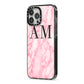 Personalised Pink Marble Monogrammed iPhone 13 Pro Max Black Impact Case Side Angle on Silver phone