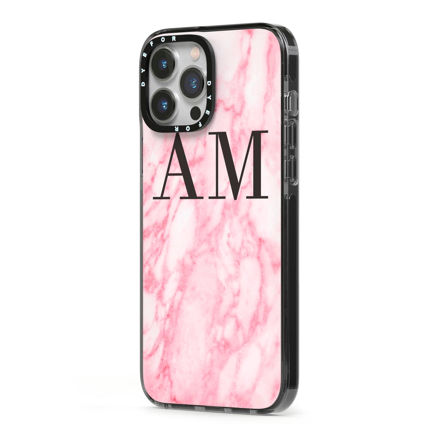 Personalised Pink Marble Monogrammed iPhone 13 Pro Max Black Impact Case Side Angle on Silver phone