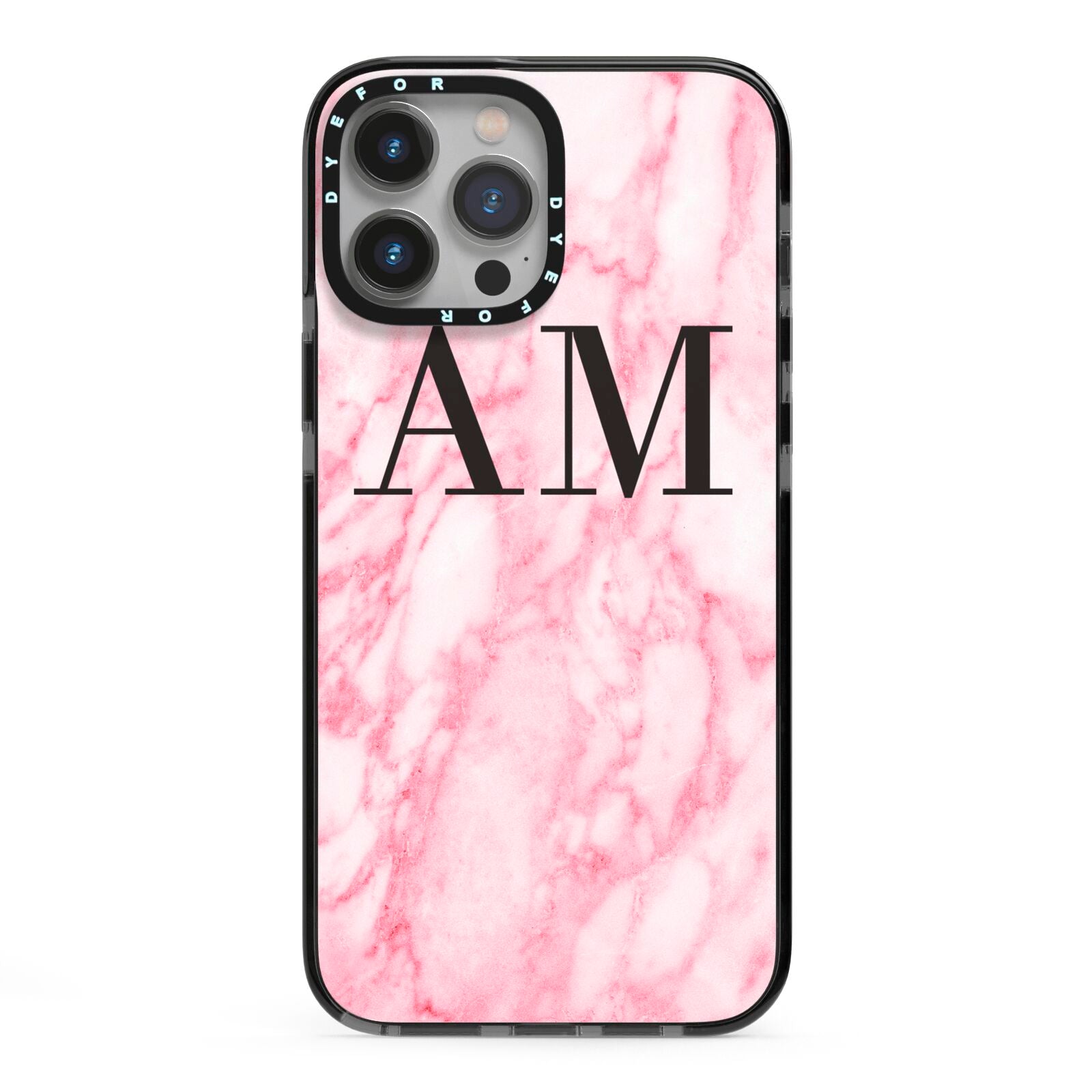 Personalised Pink Marble Monogrammed iPhone 13 Pro Max Black Impact Case on Silver phone