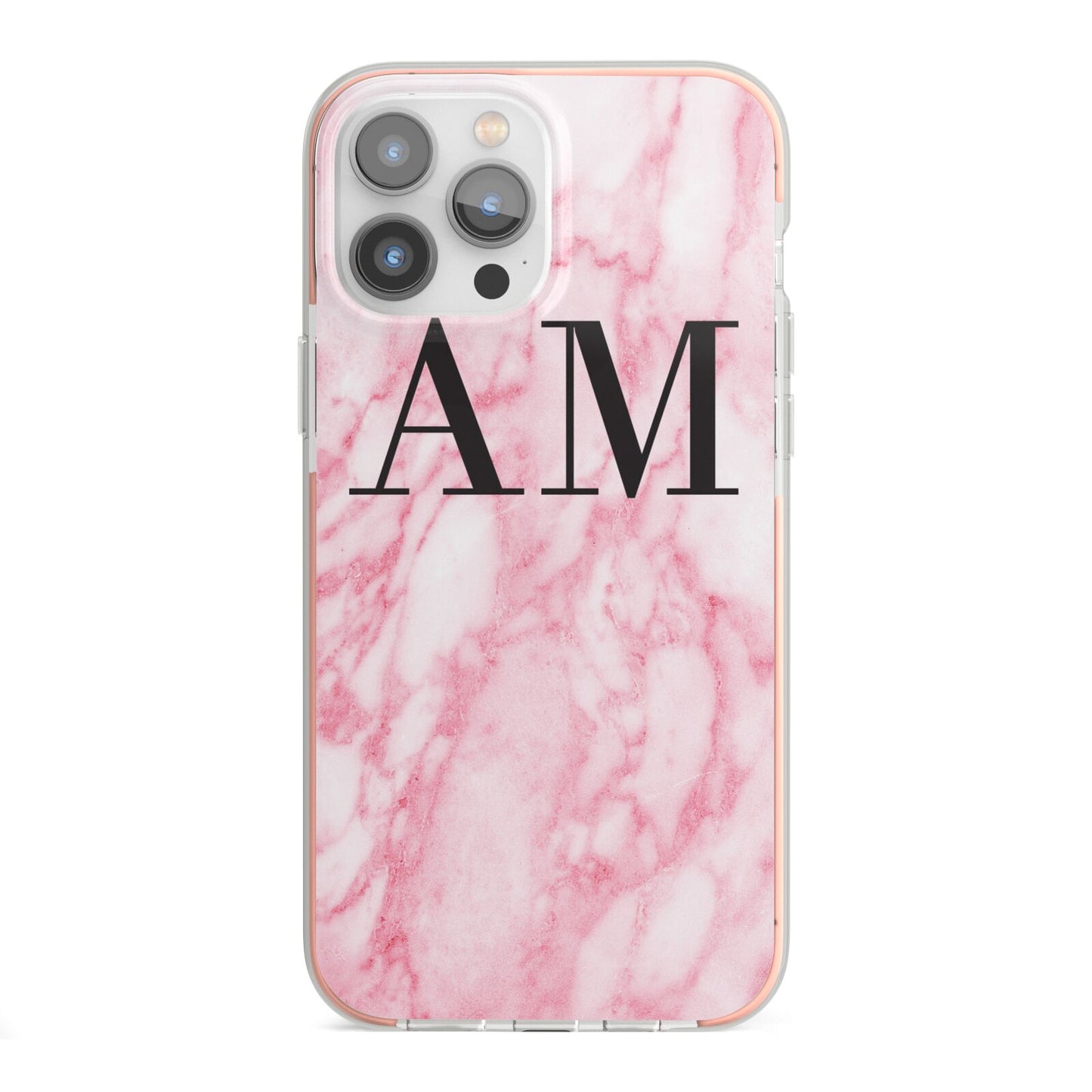 Personalised Pink Marble Monogrammed iPhone 13 Pro Max TPU Impact Case with Pink Edges