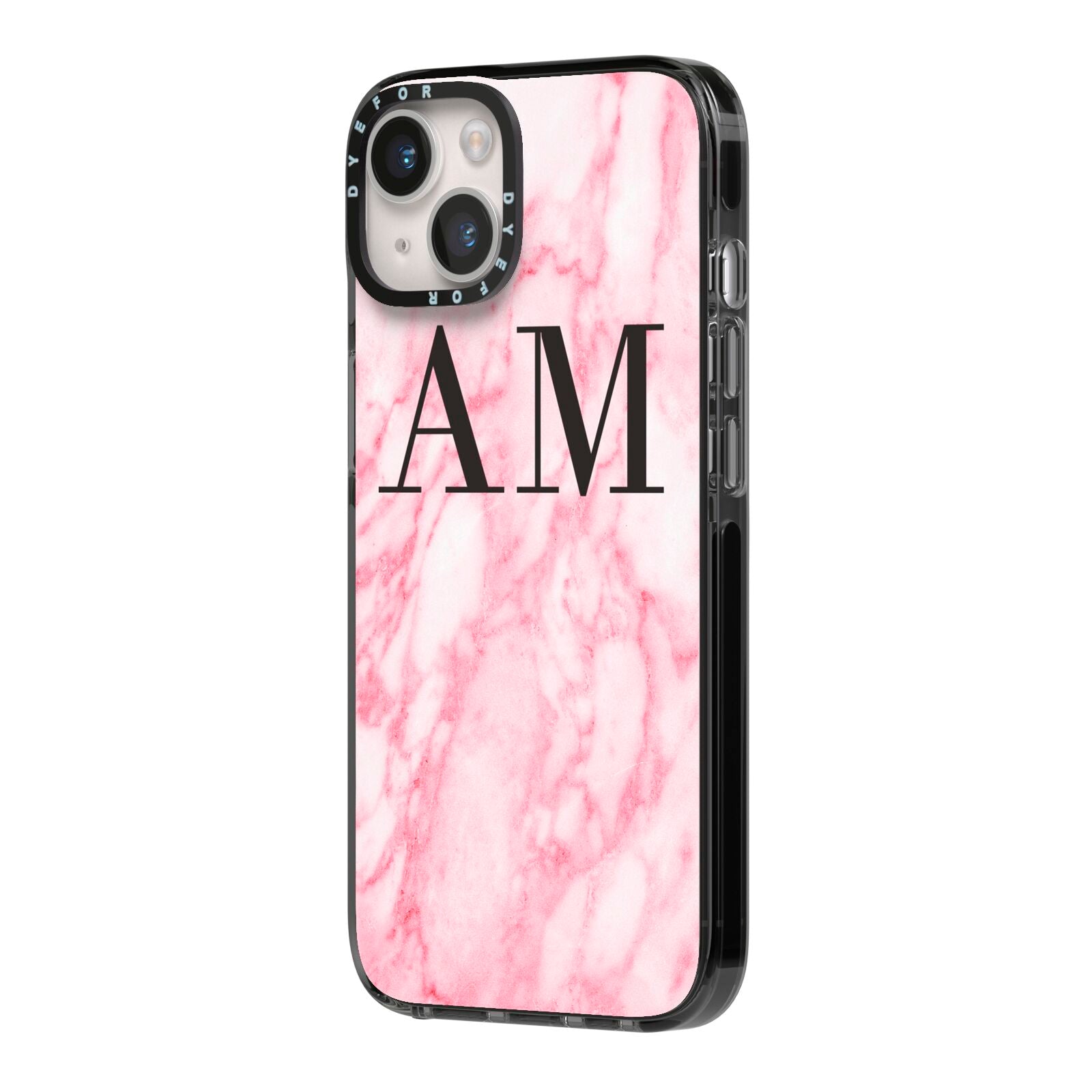Personalised Pink Marble Monogrammed iPhone 14 Black Impact Case Side Angle on Silver phone