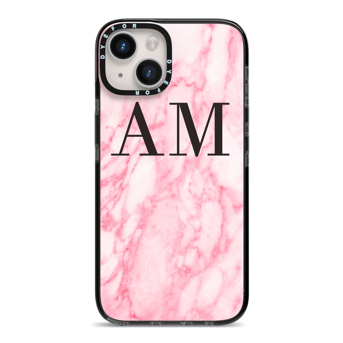 Personalised Pink Marble Monogrammed iPhone 14 Black Impact Case on Silver phone