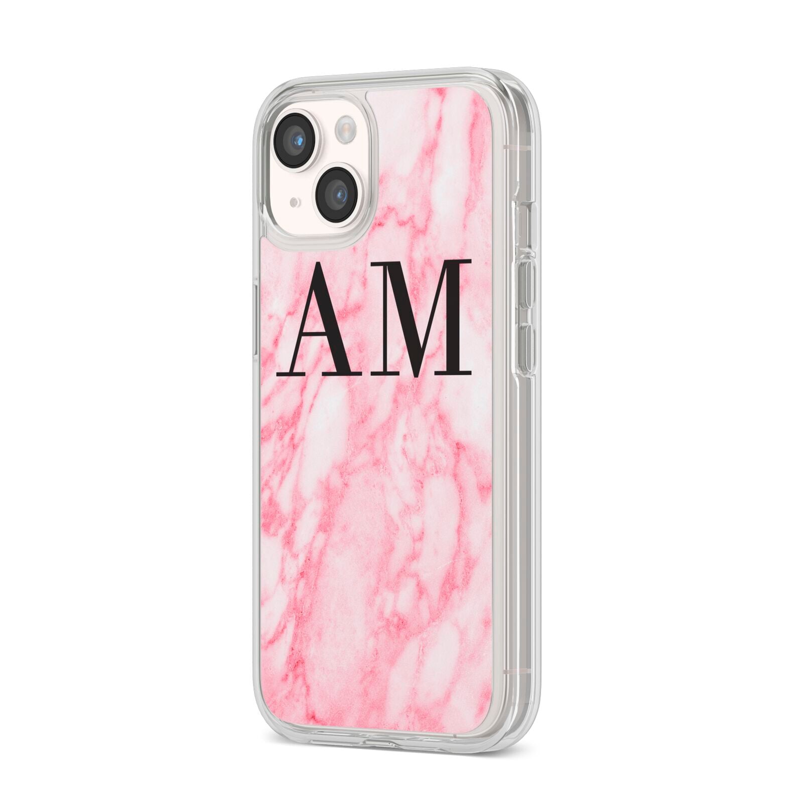 Personalised Pink Marble Monogrammed iPhone 14 Clear Tough Case Starlight Angled Image