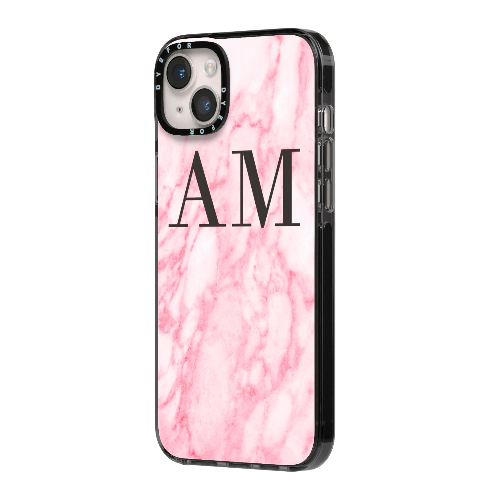 Personalised Pink Marble Monogrammed iPhone 14 Plus Black Impact Case Side Angle on Silver phone
