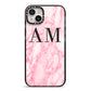 Personalised Pink Marble Monogrammed iPhone 14 Plus Black Impact Case on Silver phone