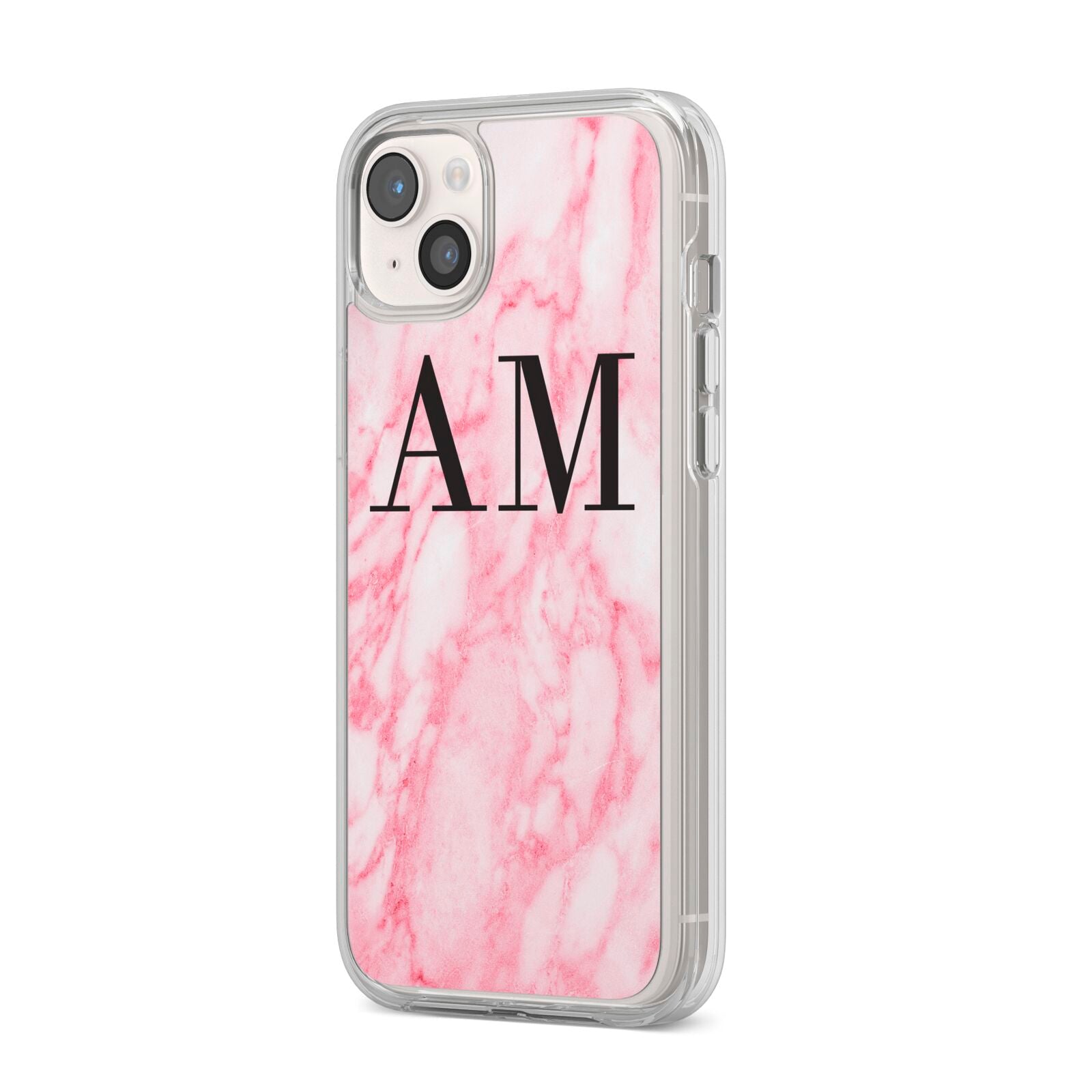 Personalised Pink Marble Monogrammed iPhone 14 Plus Clear Tough Case Starlight Angled Image