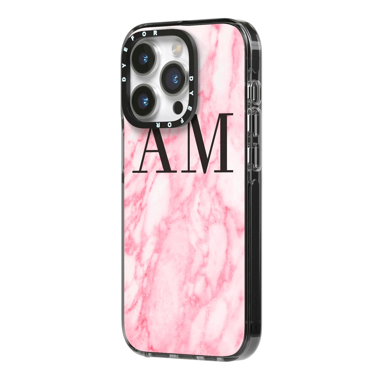 Personalised Pink Marble Monogrammed iPhone 14 Pro Black Impact Case Side Angle on Silver phone