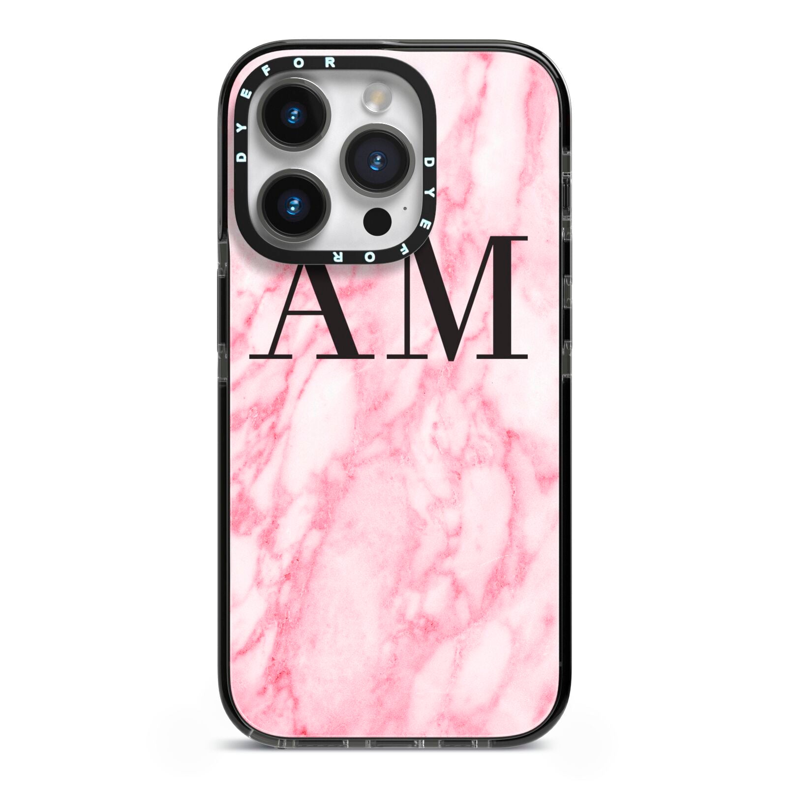 Personalised Pink Marble Monogrammed iPhone 14 Pro Black Impact Case on Silver phone