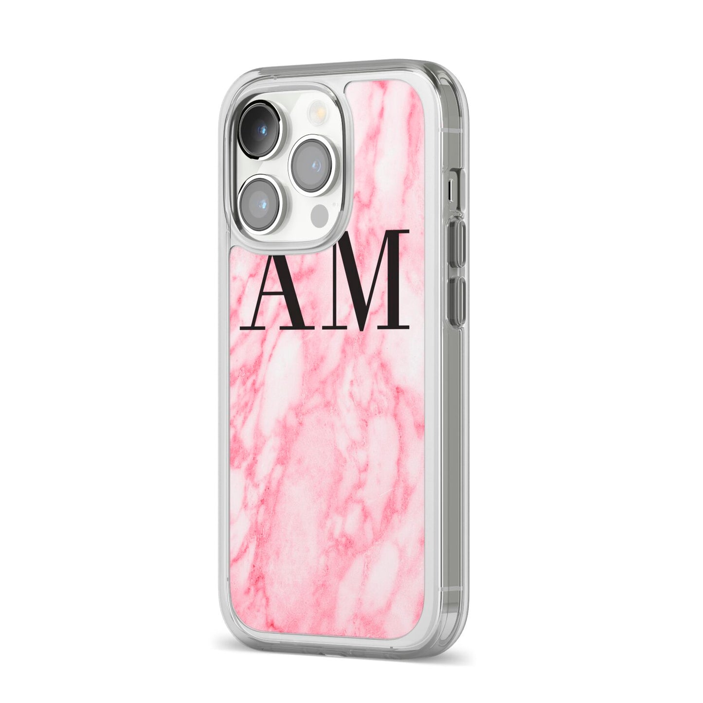 Personalised Pink Marble Monogrammed iPhone 14 Pro Clear Tough Case Silver Angled Image