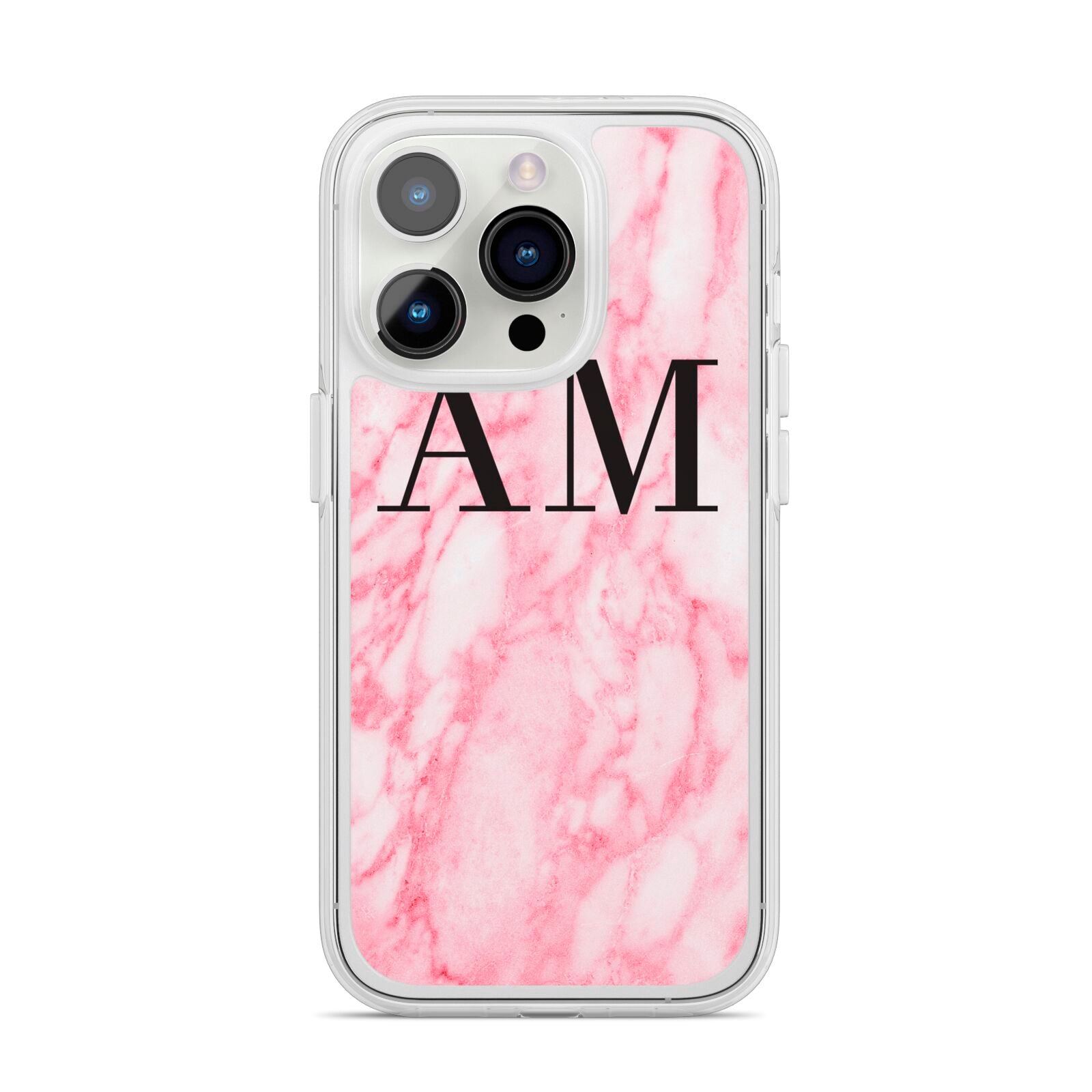 Personalised Pink Marble Monogrammed iPhone 14 Pro Clear Tough Case Silver
