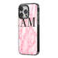 Personalised Pink Marble Monogrammed iPhone 14 Pro Max Black Impact Case Side Angle on Silver phone