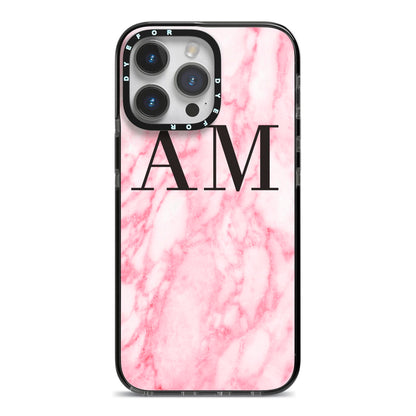 Personalised Pink Marble Monogrammed iPhone 14 Pro Max Black Impact Case on Silver phone