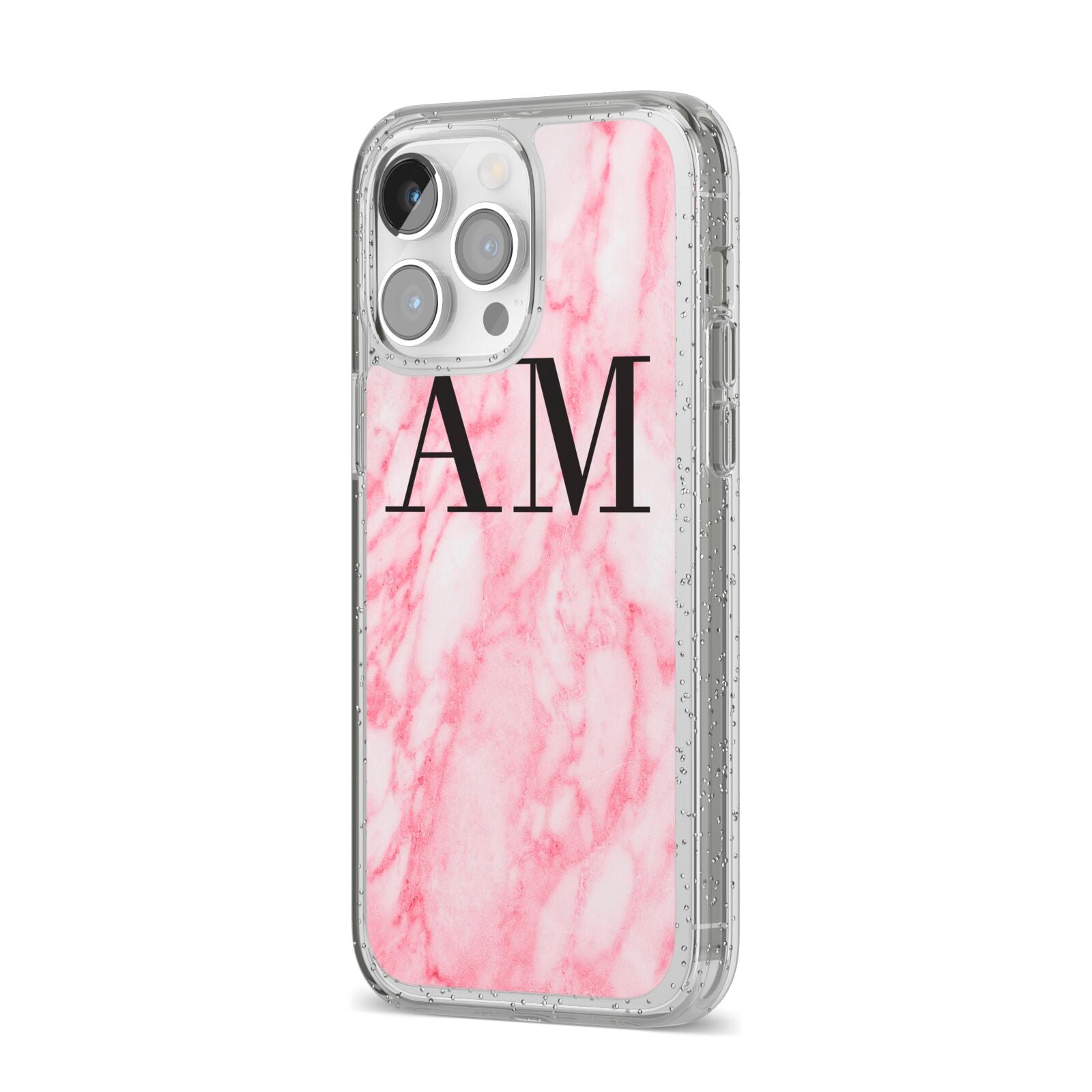 Personalised Pink Marble Monogrammed iPhone 14 Pro Max Glitter Tough Case Silver Angled Image